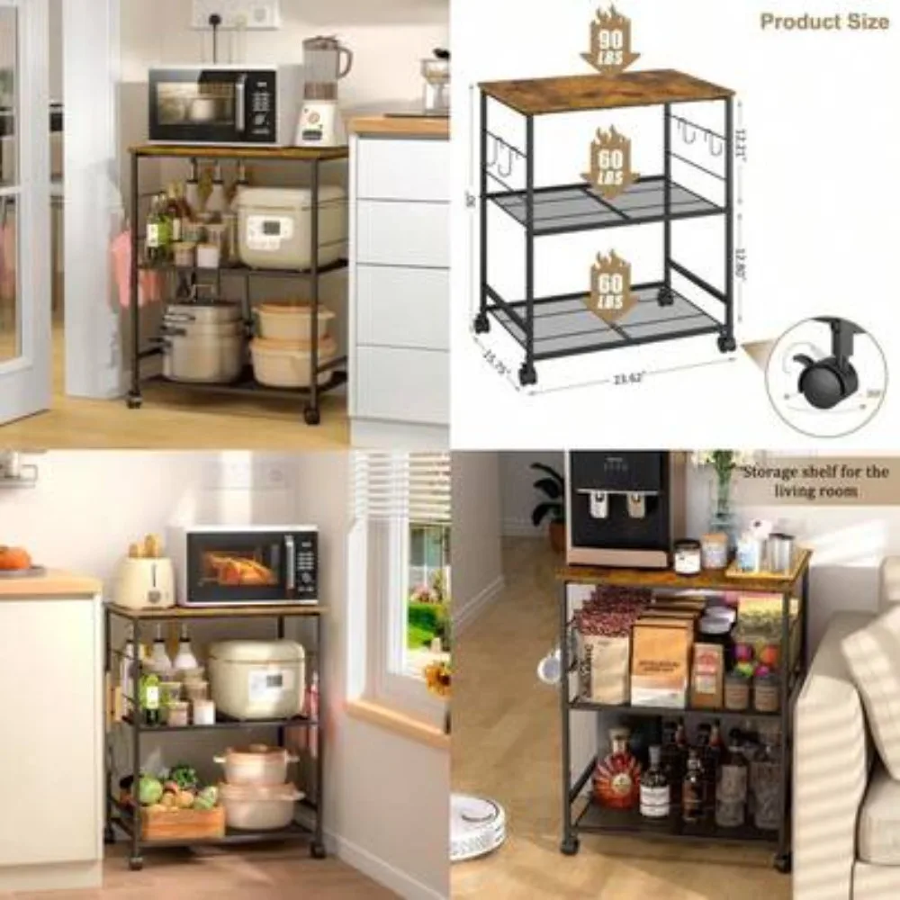 Rolling Kitchen Microwave Cart 3 Tier Microwave Table Stand With Storage Shelves, Lockable Wheels Mobile Utility Cart, Small Coffee Cart Shelf Rack Organizer For Living Room Office Balcony, Sturdy Metal Frame