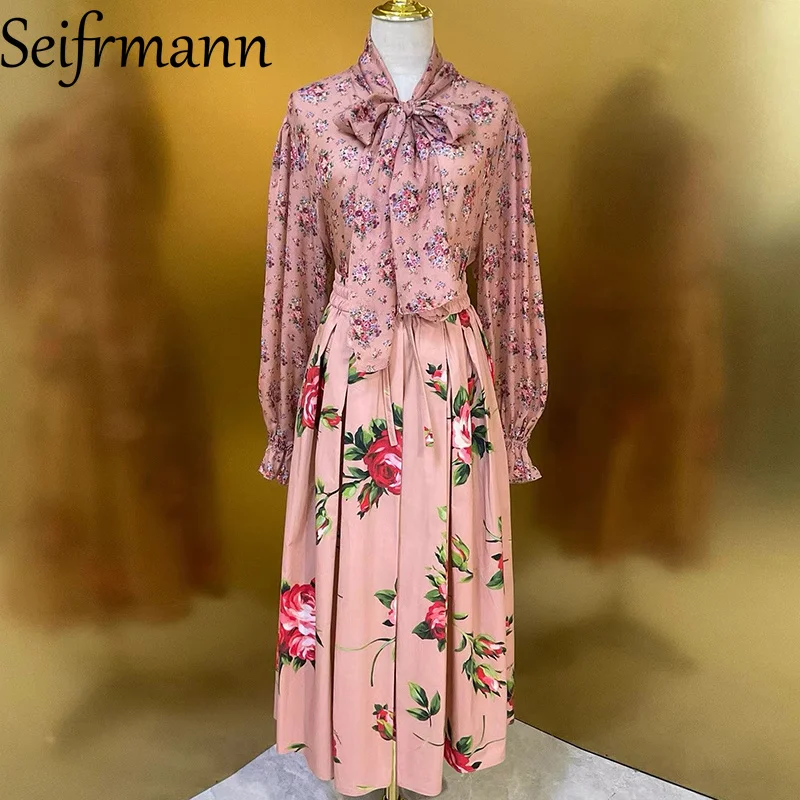 Seifrmann 2026 New Women's Suit Lace-Up Neck Bow Flare Sleeve Silk Tops+Fashion Big Swing Cotton Skirt Print 2-Piece Set ﻿