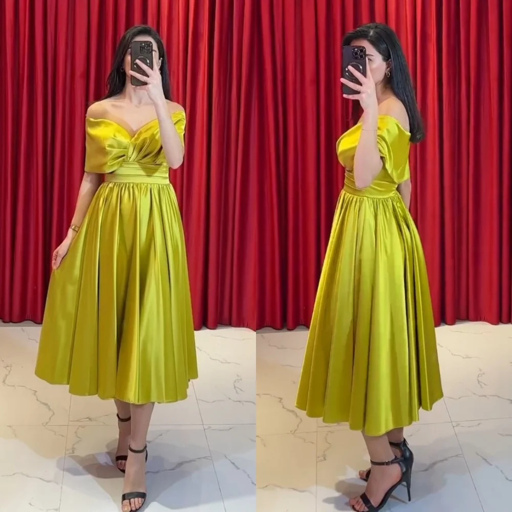 

Simple Satin Criss-Cross Pleat Ruched A-line Off-the-shoulder Sweetheart Midi Dresses Quinceanera Dresses Exquisite Unisex
