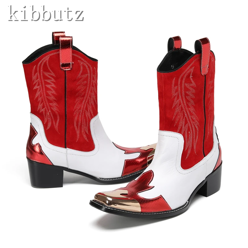 

Brand Design White Red Mixed Color Cowboy Boots Men New Fashion Metal Square Toe Embroidery High Heel Mid Calf Boots