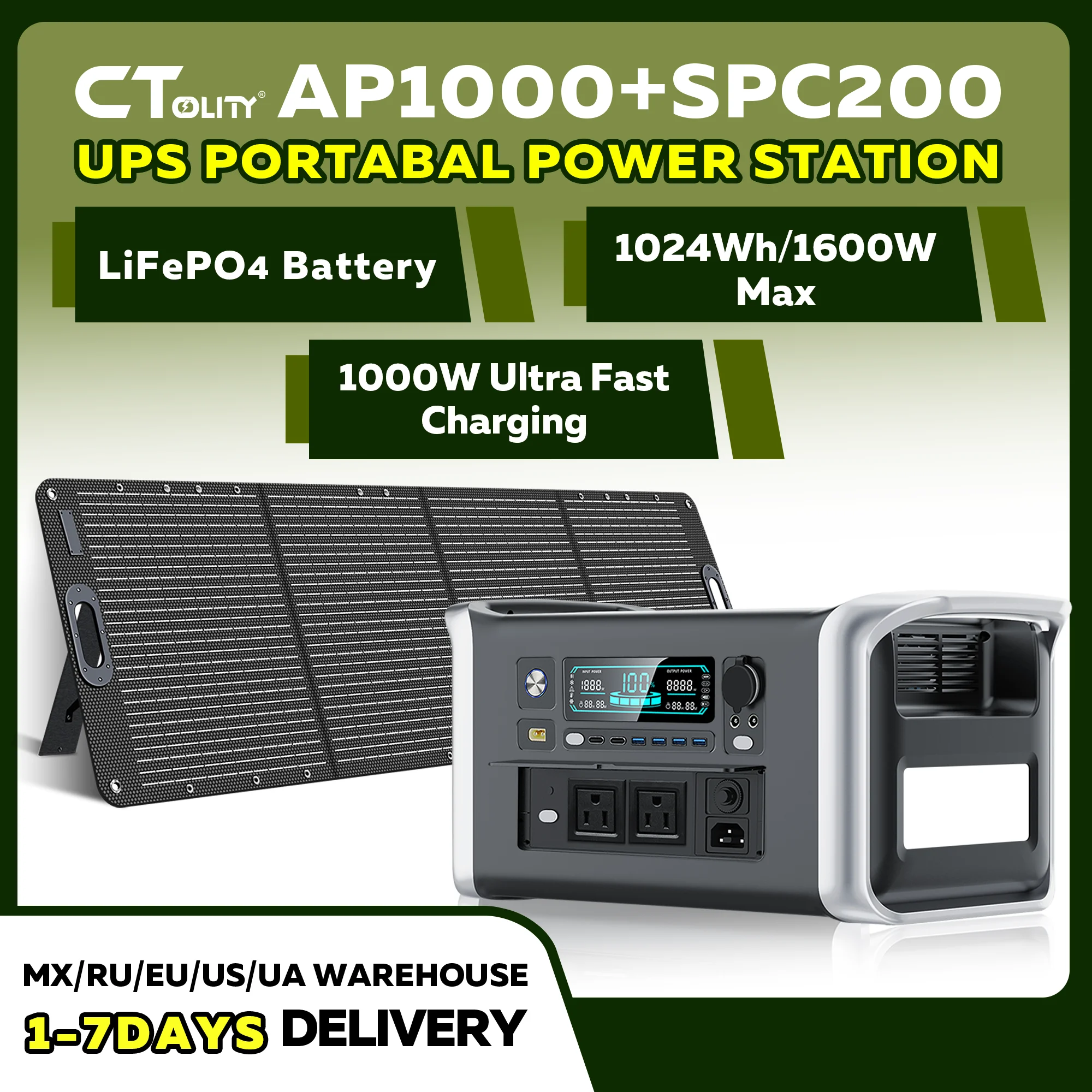 

CTOLITY AP1000 Солнечный генератор 1600 Вт 1024 Втч LiFePO4 (LFP) + солнечная панель 200 Вт 20,5 В Портативная электростанция для кемпинга затемнение