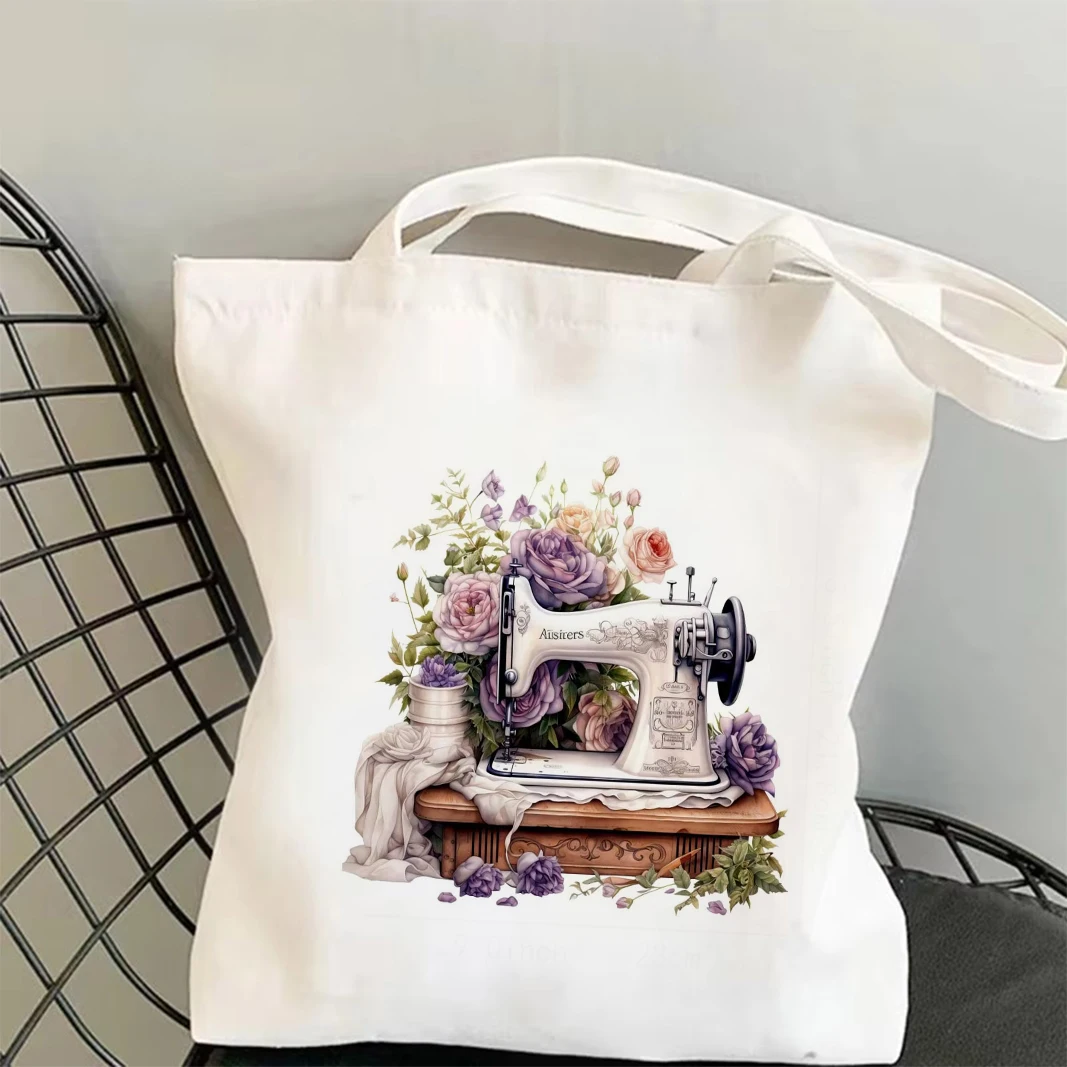 ماكينة خياطة ريترو وحقيبة حمل قماشية بتصميم زهور حقيبة عصرية وعملية للتنقل اليومي والتسوق والدراسة هدية