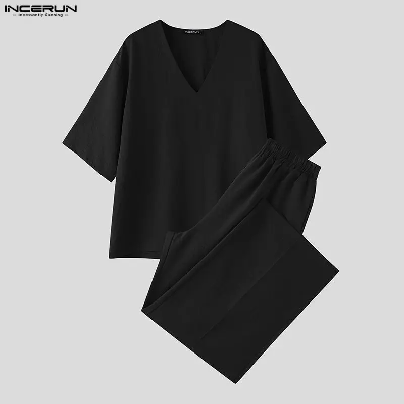

INCERUN Men's Sets Solid V Neck Half Sleeve T Shirt & Pants Two Piece Sets Streetwear Oversize 2026 Men Matching Sets Tracksuit