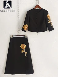 AELESEEN Vintage 2 Pieces Set Women Autumn Winter Black Short Coat + High Waist Skirt Luxry Sequined Black Elegant Set