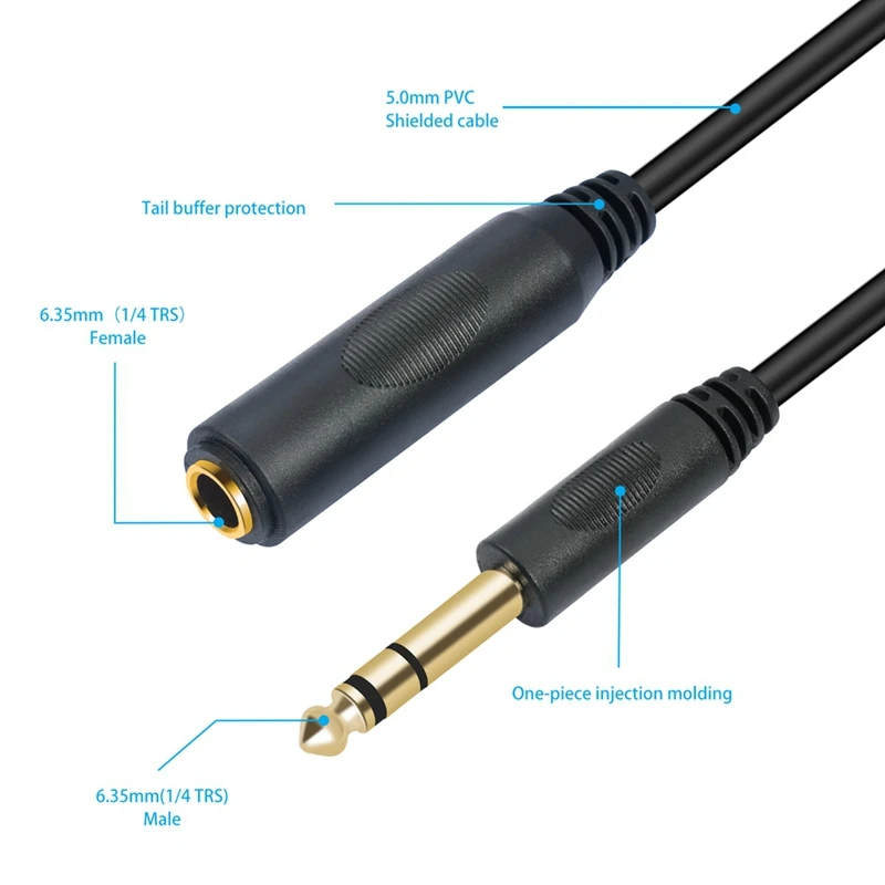 Top-1/4 TRS 6.35MM Male To 6.35MM Female Stereo Extension Cable Gold Plated Headphone Extension Cable Cord