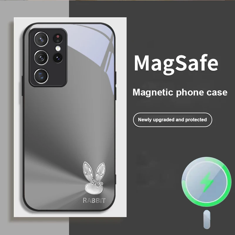 

A cute light blue rabbit For Samsung S25 S25 Edge S25Ultra S8 9 10 20 S21 Pro 22 Plus S23 FE S24 Ultra Magsafe Glass Phone Case