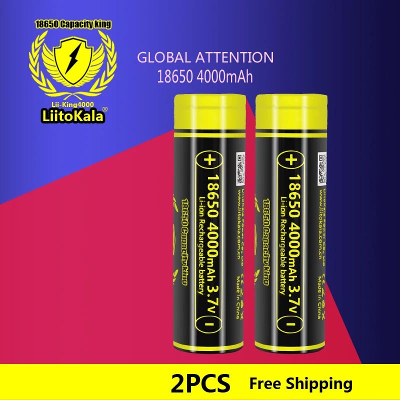 2pcs LiitoKala Lii-King4000 3.7V 18650 4000mAh batteryrechargeable Li-ion battery for Led flashlight batery