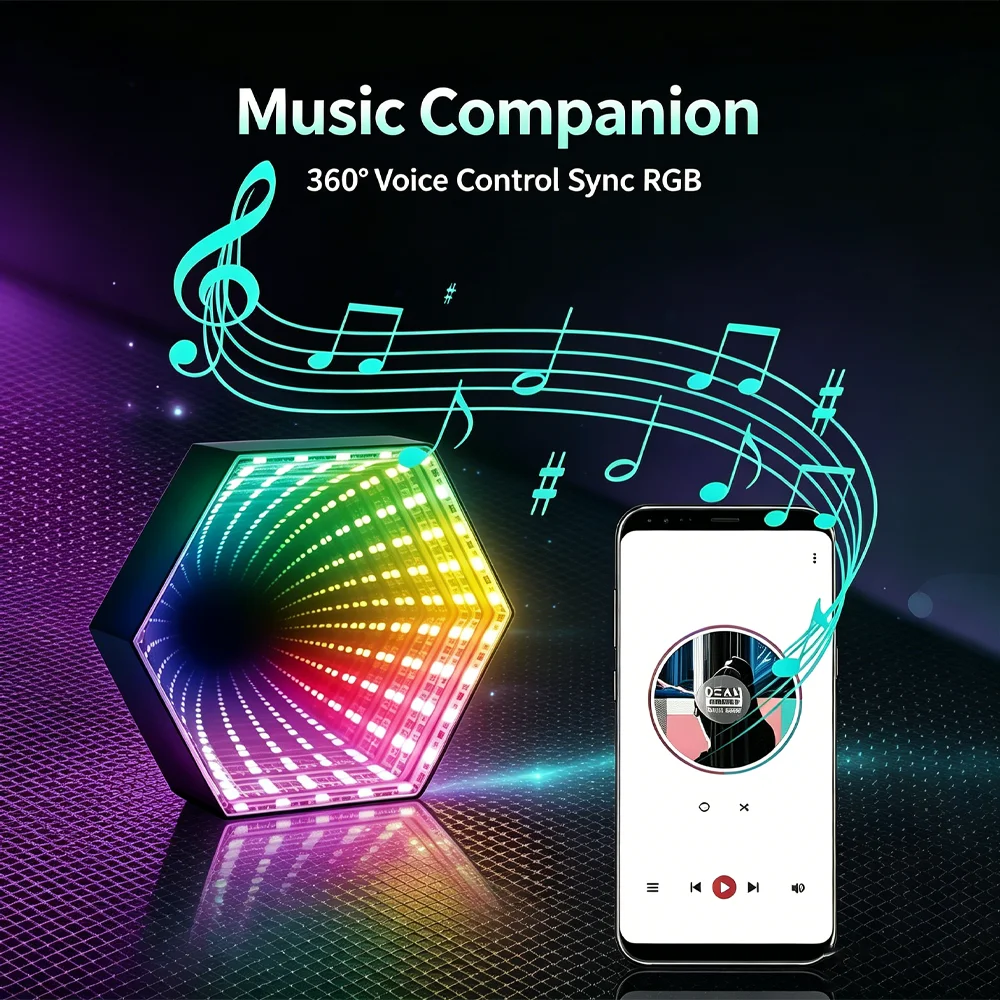 5V RGB Smart Wall Lamp Color Changing Ambient Night Light 3D Hexagonal Mirror Tunnel Light Music Rhythm Remote Control Game Room view 3