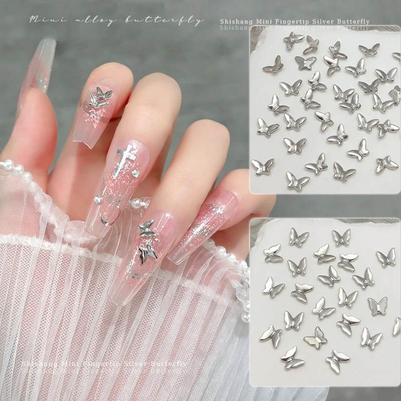 50pcs MINI ผีเสื้อเล็บอุปกรณ์เสริม Silver Alloy เพชรโลหะ 3D ปลายนิ้วผีเสื้อเล็กๆเพชร Charms ตกแต่ง