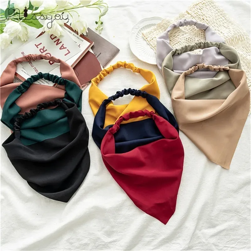 Woman Girls Solid Summer Head Scarf Chiffon Triangle Bandanas Women Elastic Hairband Hair Accessories Headwear Ornaments