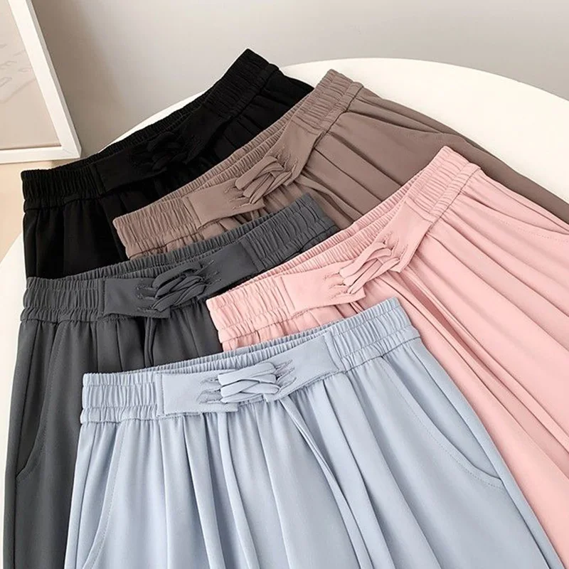 패션 여성 하이웨이스트 배기 팬츠 소녀용 솔리드 레이스업 스트레이트 레그 바지 핫 세일 여성용 편안한 레저 팬츠