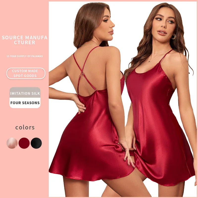 

2025 New Ladies Sexy Ice Silk Nightgown Halter Nightgown Backless Nightgown Fashion Leisure Breathable Halter Dress Homewear