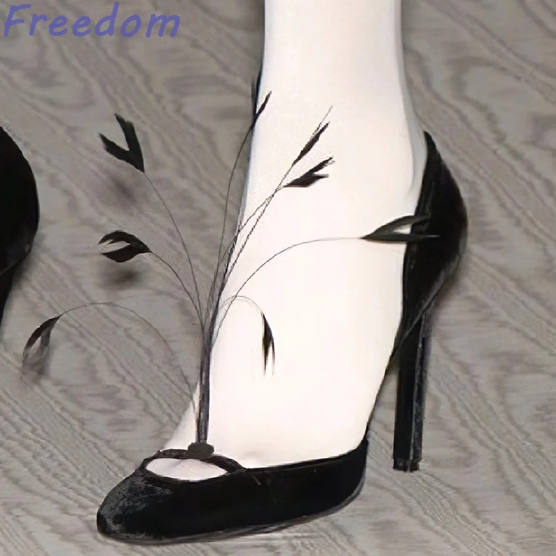 Pointed thick heel satin velvet three-dimensional feather high heels female new niche retro Mary Jane shoes