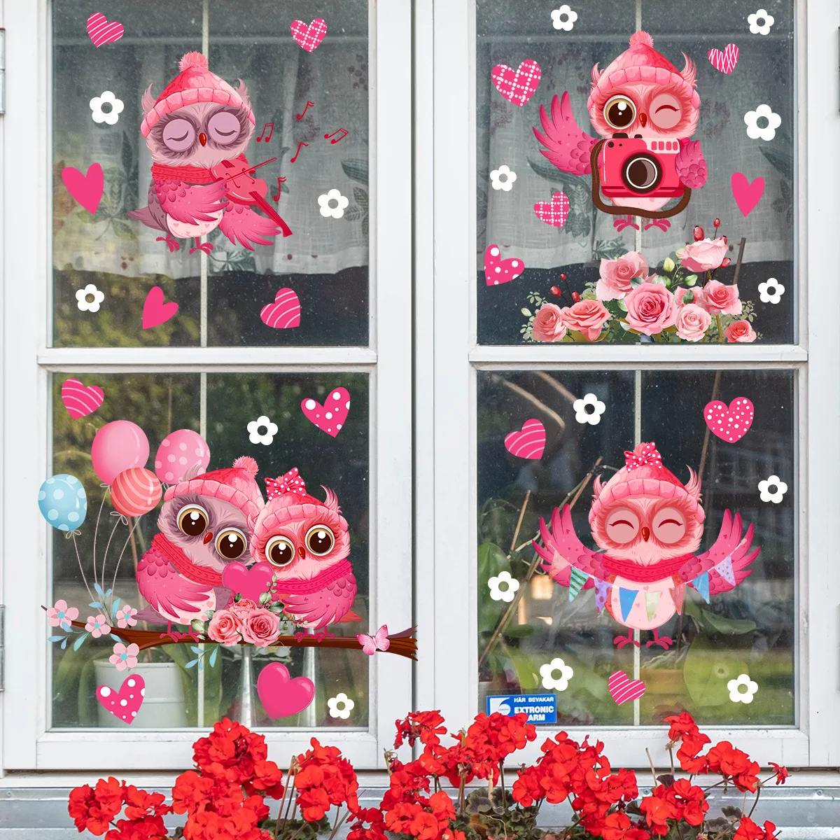 3pcs Valentine's Day Red Pink Owl Electrostatic Sticker Double Sided Visual Glass Window Home Holiday Decorative Wall Sticker