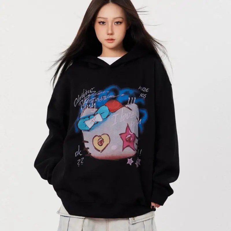 

Hello Kittys Hooded Sweater Sanrios Pure Cotton American Retro Y2K Autumn Winter Women's Clothing Loose Fashion Best Friend Tops