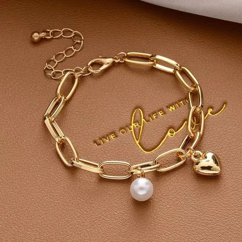 1pcs Gold-color Bracelet Ladies Simple Style Thick Cross Chain With Love Human Head Cross Pearl Pendant