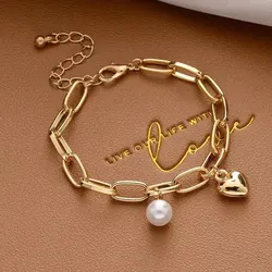 1pcs Gold-color Bracelet Ladies Simple Style Thick Cross Chain With Love Human Head Cross Pearl Pendant