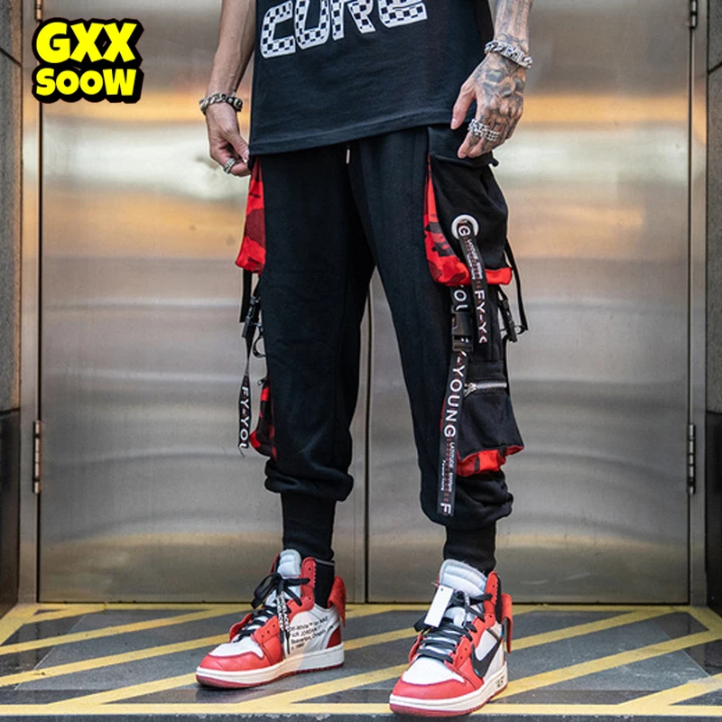 Hip Hop Joggers Pants Men Ribbons Pocket Cargo Trousers Track Tactical Casual Fashion Elastic Waist Streetwear Pant