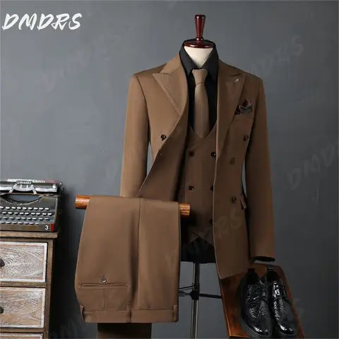 Elegant Solid Color Men Suit Set 3PCS 2026 Fashion Peak Lapel Men Suit For Best Man Formal Double Breasted Suit Trajes For Hombr