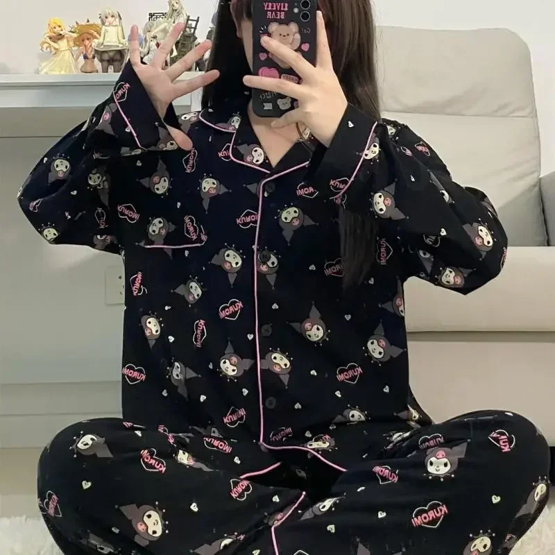 Kawaii Kuromi Anime Sanrio Pajamas Sets Spring and Autumn Girls Kuromi Cartoon Sleepwear Long Sleeved Thin Princess Home Wear