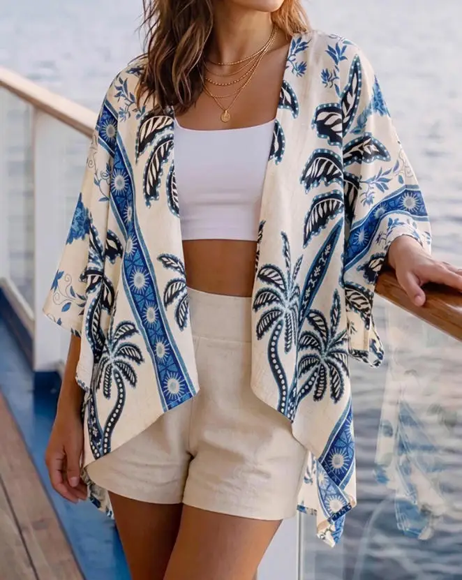 

Top Women 2026 Spring Summer New Fashion Retro Print Half Sleeve Open Front Loose Fit Casual Beach Vacation T-Shirt Top