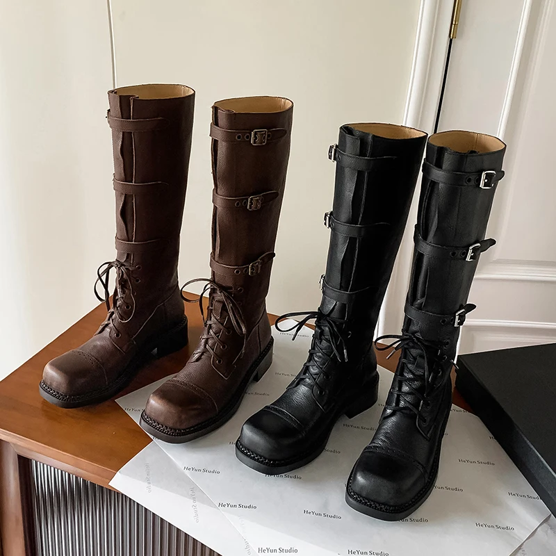 Arden Furtado Women's Genuine Leather Knee High Boots Lace-Up Platform Chunky Heel Belt Buckle Motorcycle Boot Pull-On Style view 4