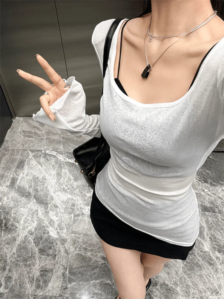 Mesh Sheer Irregular T Shirt For Women New Long Sleeve See-Through Korean Pullover Tops Sexy Autumn Girls Top Tee Shirt Casual