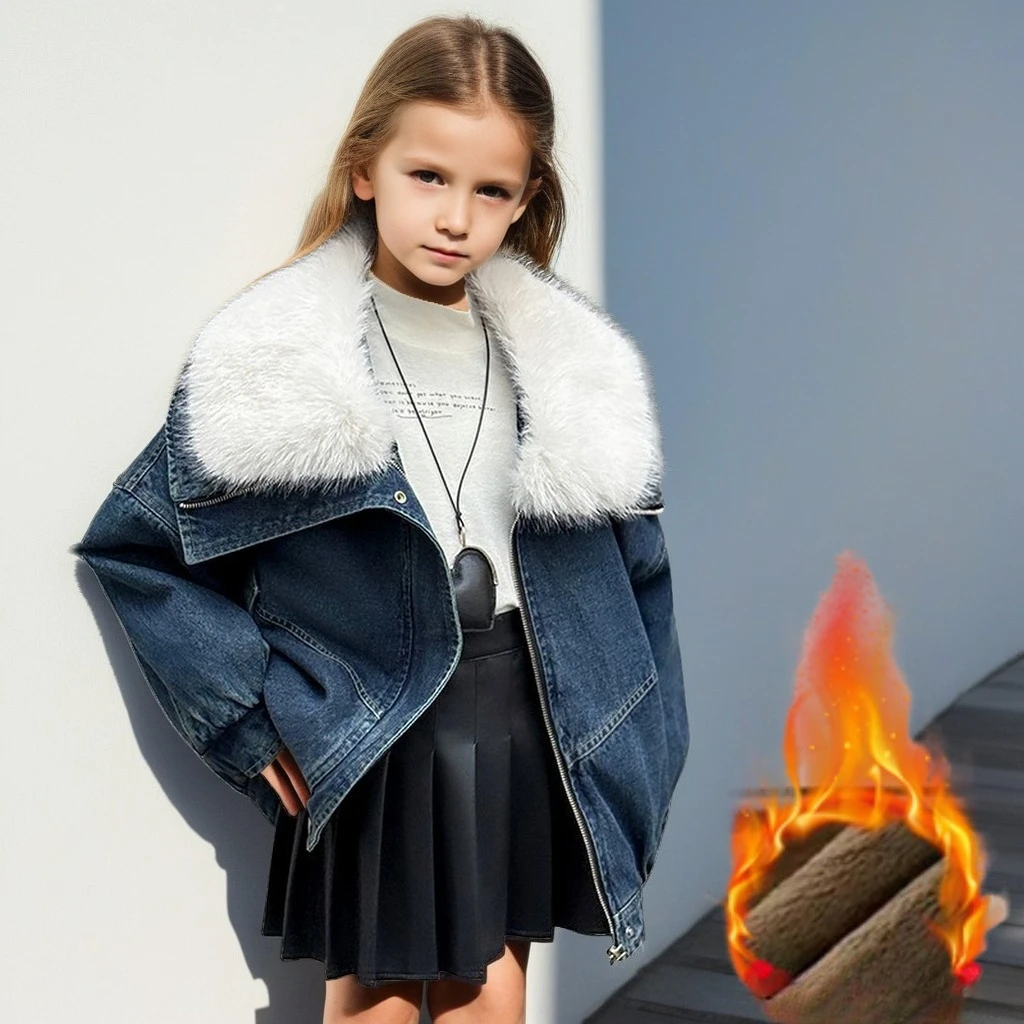 

Girls Denim Jacket Winter Thicken Warm Big Fur Collar Coat Plush Lined Teen Kids Parkas Fashion Loose School Children Outerwear