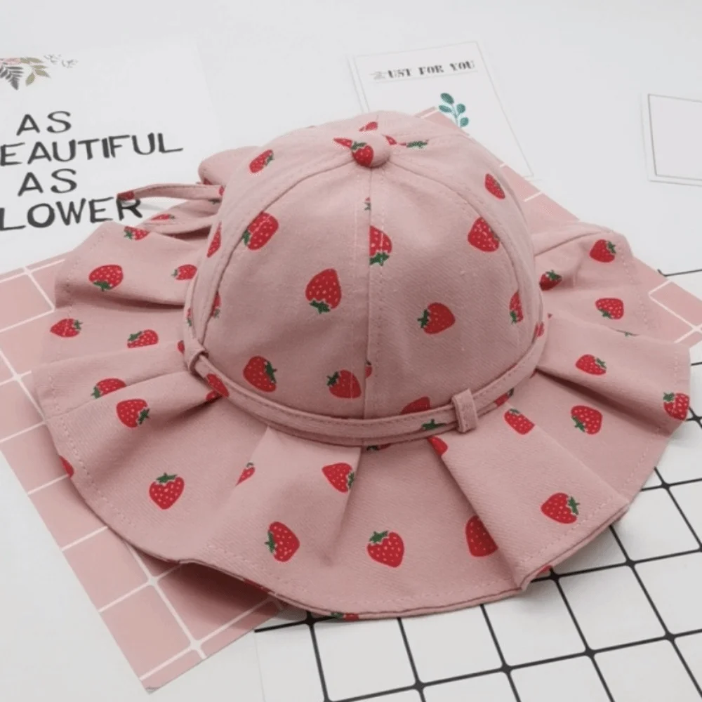 

Cotton Fabric Baby Girl Sun Hat Fruit Print Flower Print Kids Bucket Hats Bowknot Foldable Design Princess Children Cap