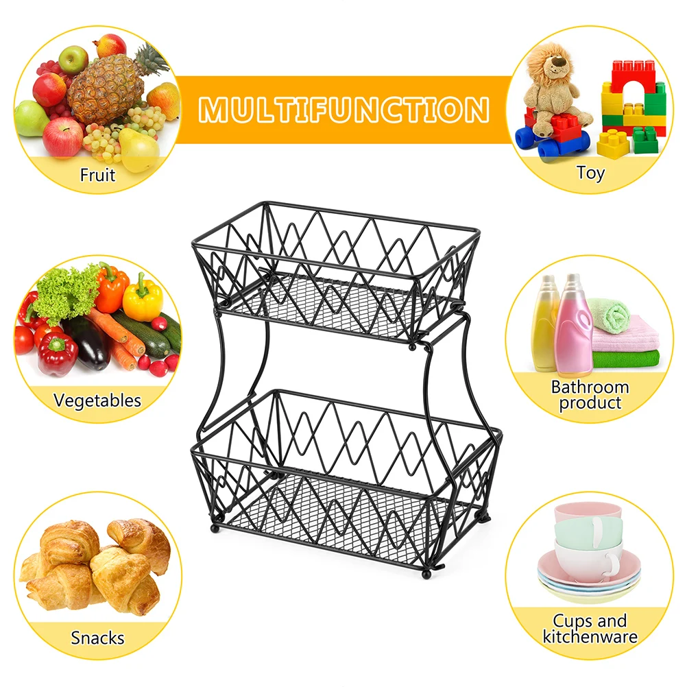 

2 -Tier Fruits and Vegetable Storage Basket Container Desktop Double-layer Black