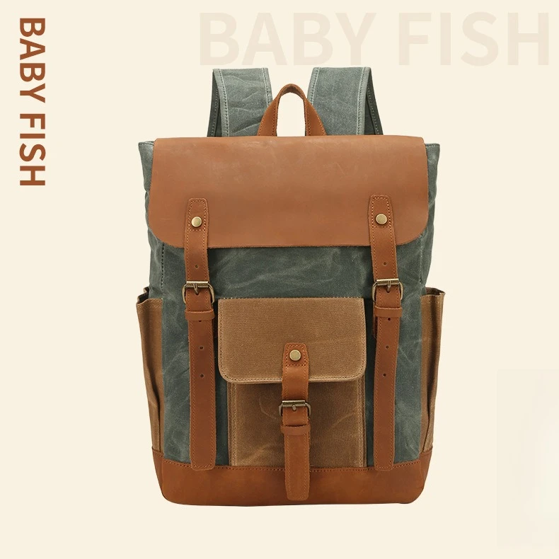 Crazy Horse leather waterproof oil wax canvas stitching retro backpack clamshell collision color large capacity travel backpack
