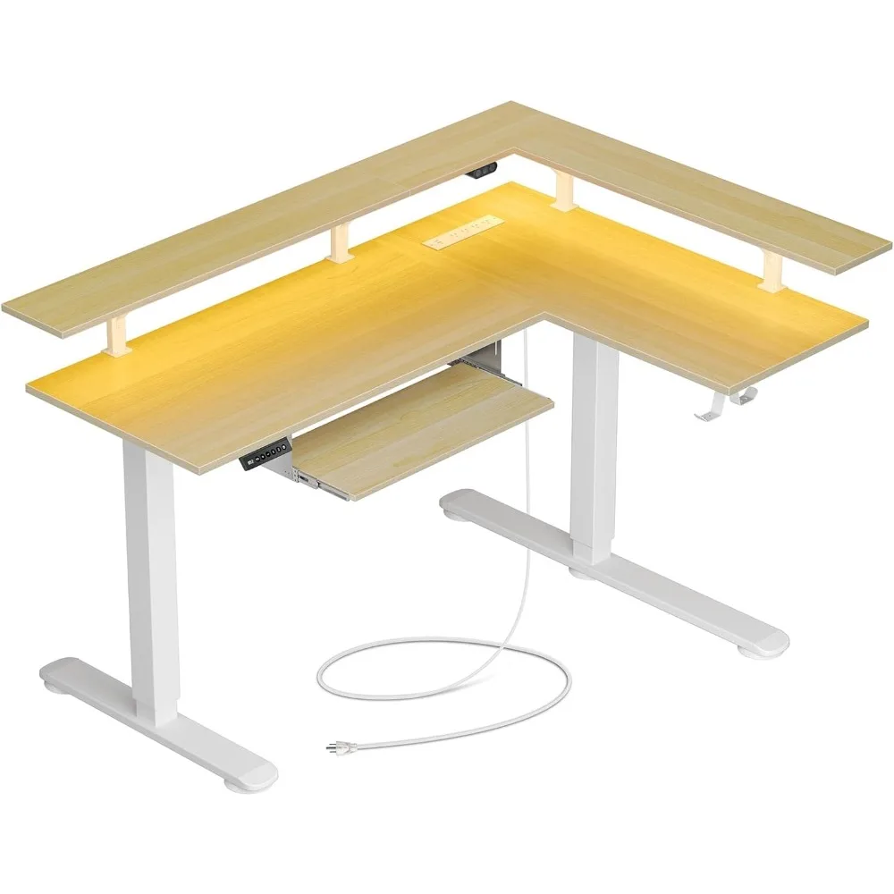 

L Shaped Standing Desk with LED Light and Power Outlet, Dual Motor Height Adjustable Electric Standing Desk