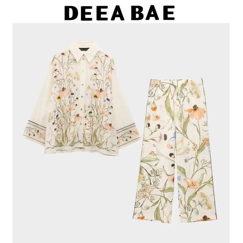 DEEABAE 2025 ربيع جديد المنتج الملابس النسائية نمط موضة ملابس منقوشة بكم طويل قميص عادية المتداول حافة تصميم السراويل #5