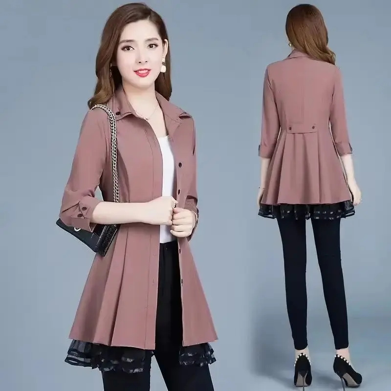 

Windbreaker Jacket Women 2025 New Spring Thin Section Three-Quarter Sleeve Overcoat Lace Stitching Slim Trench Coat Female Tops