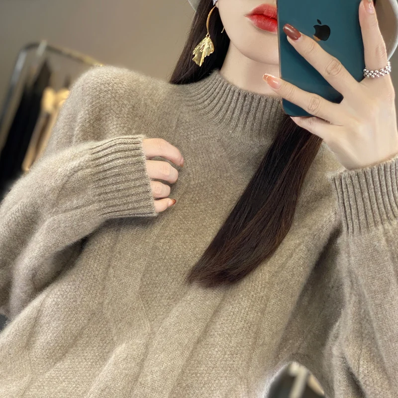 Fashionable Loose Fitting 2004 New Half High Necked Pullover 100% Pure Wool Heavy-duty Thickened Sweater Large Diamond Shape