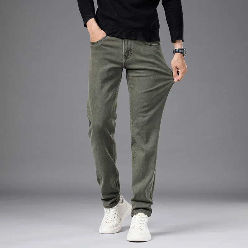 

Новые осенние зеленые джинсы, мужские модные брендовые простые облегающие прямые эластичные универсальные повседневные длинные брюки 2023 года
