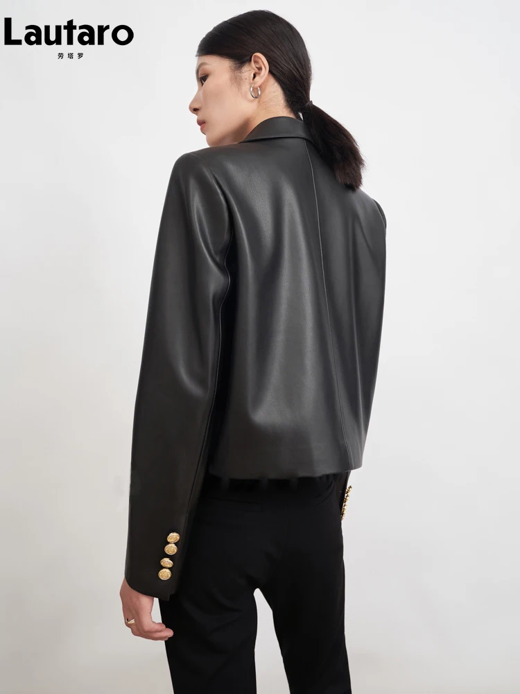 Lautaro Spring Autumn Luxury Elegant Black Pu Leather Jacket Women with Gold Buttons Long Sleeve Runway European Fashion 2024