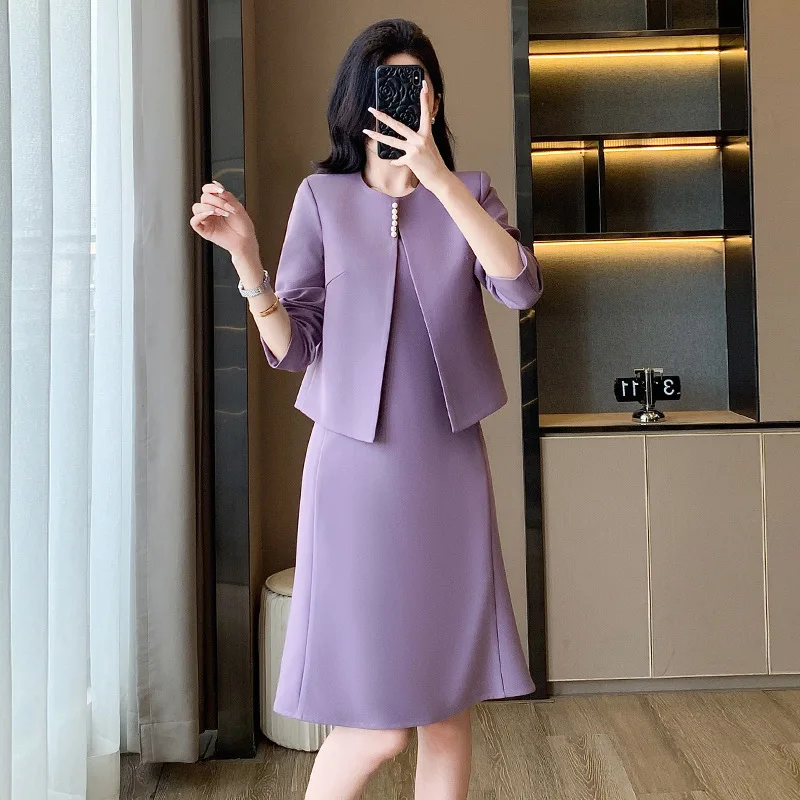 Hochwertiges lila kragenloses Anzugkleid2025Herbst- und Winter-Arbeitsplatz-Pendler-formelles Business-Kleid-Set, zweiteilig