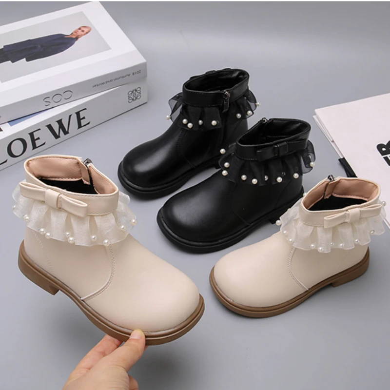 Sweet Baby Girls Lace Bow Zapatos para niñas Autumn/Winter Zipper Beaded Fashion Catwalk Toddler Boats  Soft Kids Single Booties