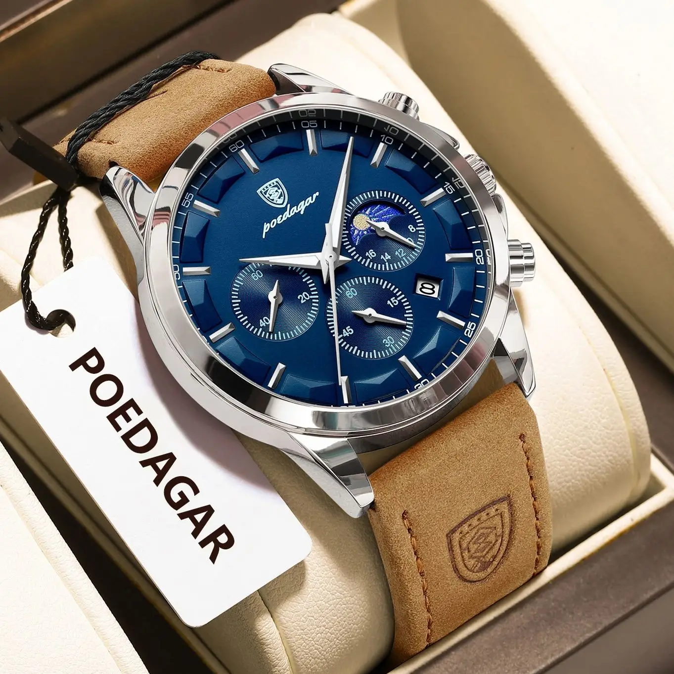 POEDAGAR Orologio da polso da uomo di lusso Cronografo impermeabile Data luminosa Orologio da uomo Sport in pelle Orologi da uomo al quarzo militare Reloj