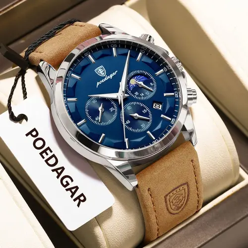 Imagen 2 del producto Reloj de pulsera POEDAGAR de lujo para hombre, cronógrafo resistente al agua, fecha luminosa, Reloj para hombre, Reloj deportivo de cuero, relojes militares de cuarzo para hombre