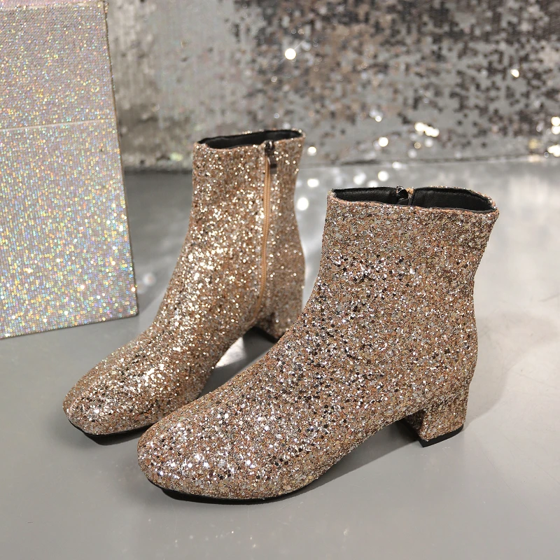 Fashion Sequins Women Boots Pink Ladies Plus Size Round Toe Ankle Boots Glitter Casual Chunky Heel Short Boots Party High Heels