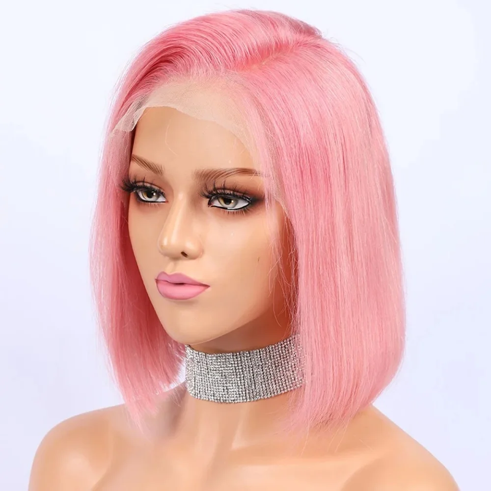 

Бразильские человеческие волосы Розовый цвет Боб Парики 13X4 Прямые короткие парики фронта шнурка Прозрачный кружевной предварительно сорванный розово-красный парик Боб