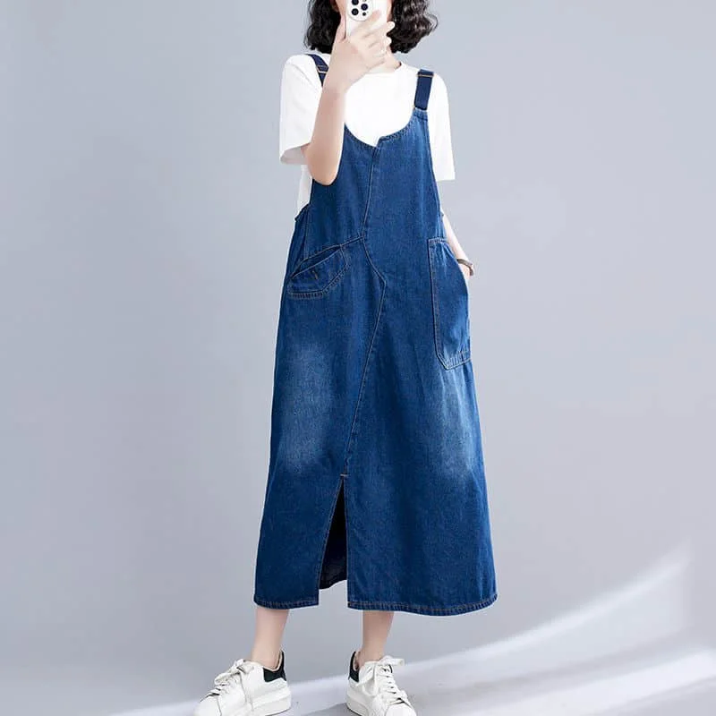 Denim Strap Dress for Women Solid Sleeveless Casual Loose Streetwear Fork Design Korean Style Oversized Vintage Mid-calf Dress