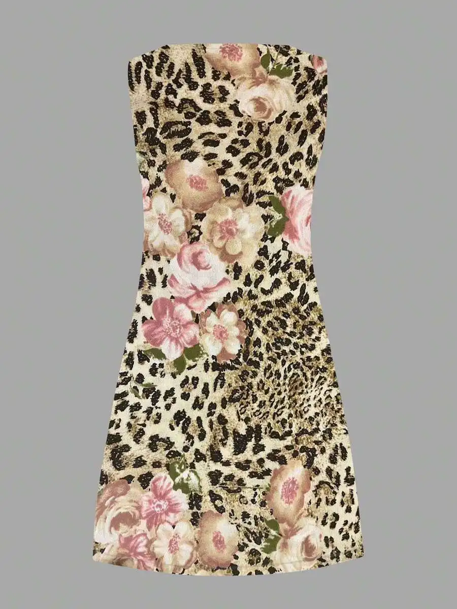 

Leopard Print Floral Sleeveless Dress For Casual Leisure Outfit