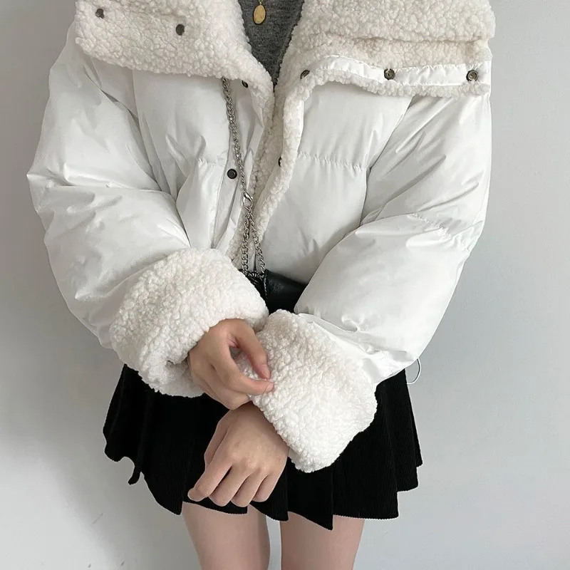 Lamb Fur Patch Lapel Down Jacket for Women in Short Style, Double-sided Wear, Cotton Fabric, Winter New Design, Thickened Coat