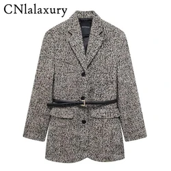 Winter Blazer For Women Elegant Office Herringbone Woolen Suit Jacket Long Sleeve Buttons Slim Women Blazer Female Belt Coat Top