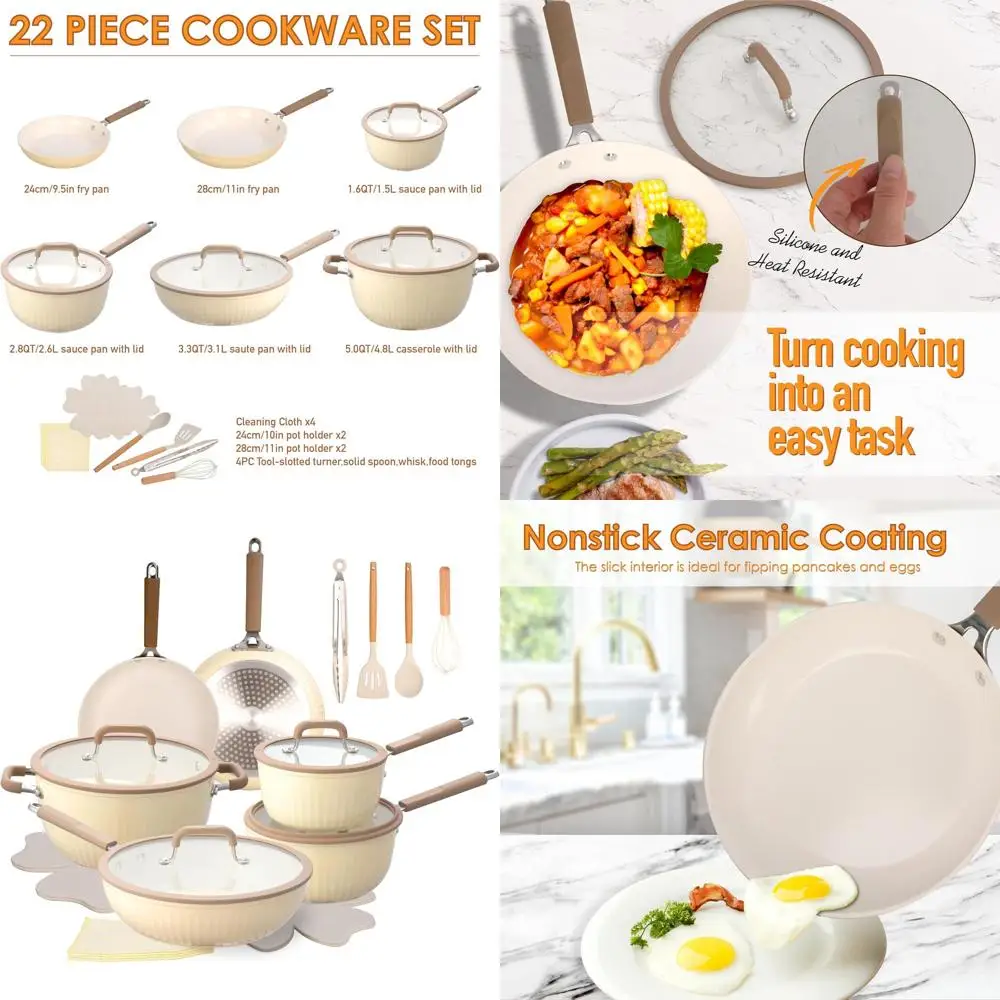 

Ceramic Nonstick 22-Piece Cookware Set in Cream Yellow with Induction-Ready Pots and Pans, Cool-Touch Handles, PFOA/PTFE/PFAS-Fr