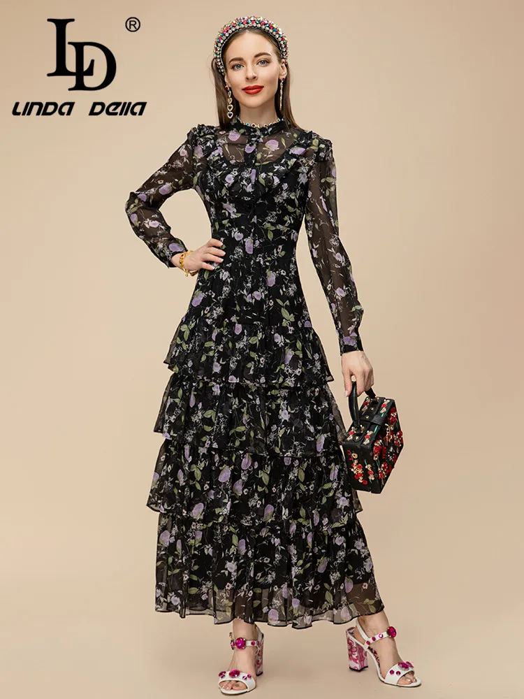 LD LINDA DELLA 2023 Summer Runway Designer Vintage Dress Women\'s Long Sleeve High Waist Cascading Ruffle Splice Chiffon Dress