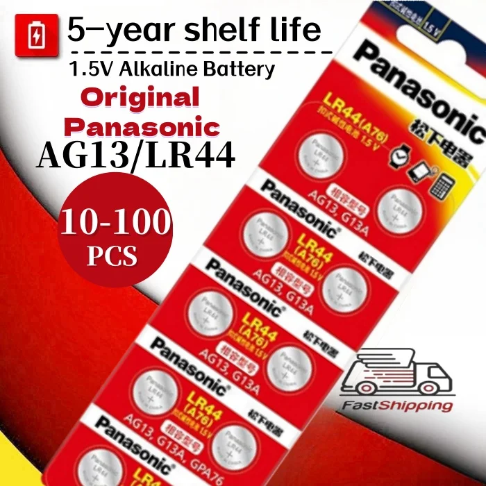 NEW 10-100PCS Panasonic AG13 LR44 SR1154 SR44 1.5V Button Batteries A76 LR1154 Alkaline battery Cell Coin for Watch Toys Remote